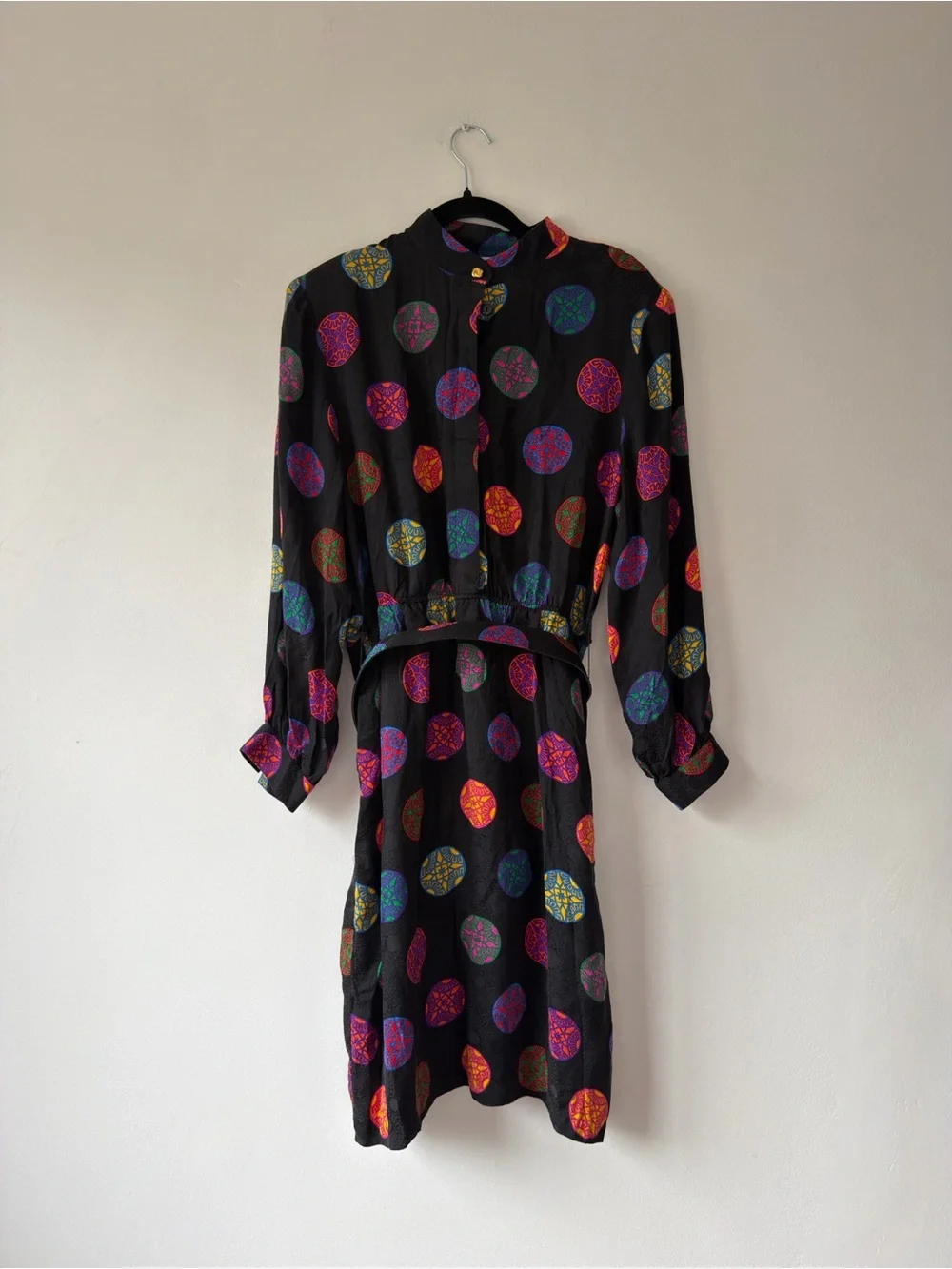 Vintage Women's Black Dress with Multicolor Circle Print 100% Silk